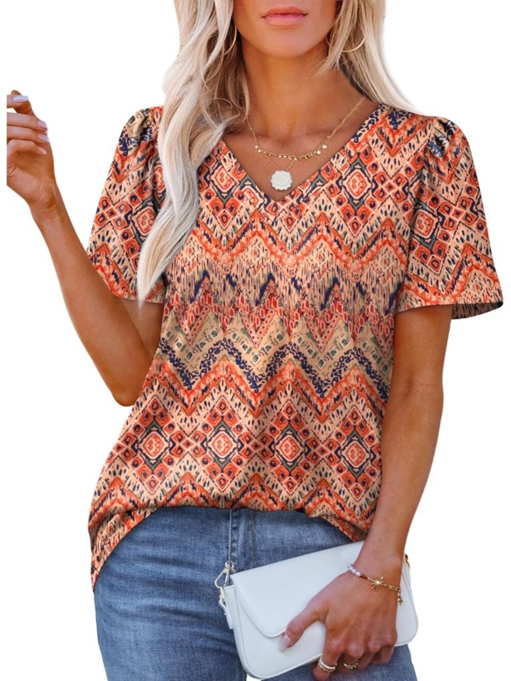 Women's T Shirts Boho V Neck Dressy Casual Puff Short Sleeves Summer Tops